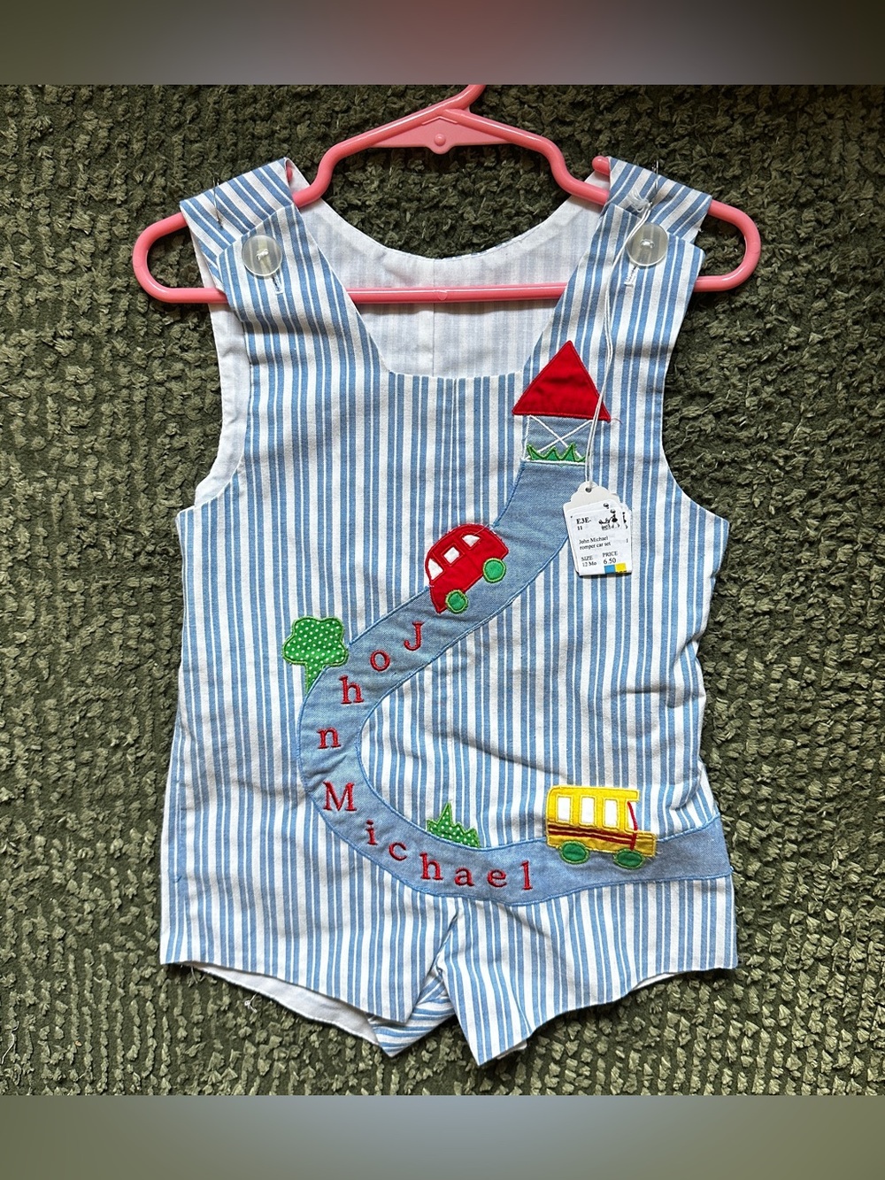 Boys 12M Blue Striped Shortall Romper Car Bus Appliqué Personalized Jon Jon